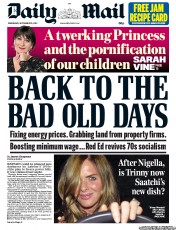 Daily Mail Newspaper Front Page (UK) for 25 September 2013