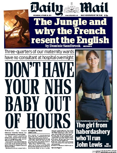 Daily Mail Newspaper Front Page (UK) for 26 October 2016