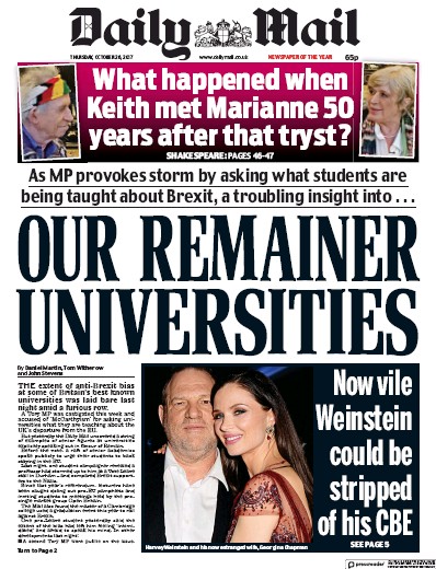 Daily Mail Newspaper Front Page (UK) for 26 October 2017