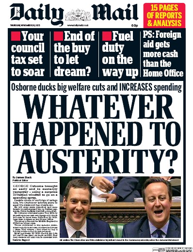 Daily Mail Newspaper Front Page (UK) for 26 November 2015