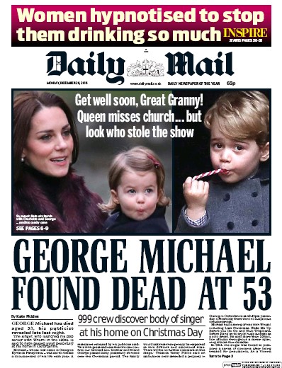 Daily Mail Newspaper Front Page (UK) for 26 December 2016