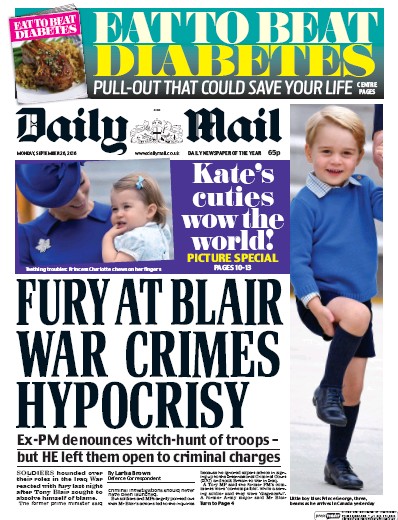 Daily Mail Newspaper Front Page (UK) for 26 September 2016