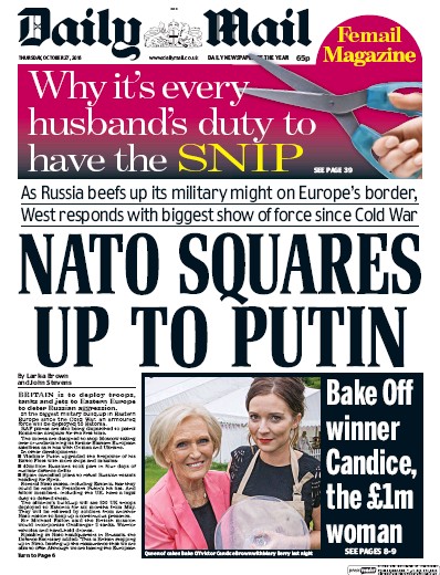 Daily Mail Newspaper Front Page (UK) for 27 October 2016