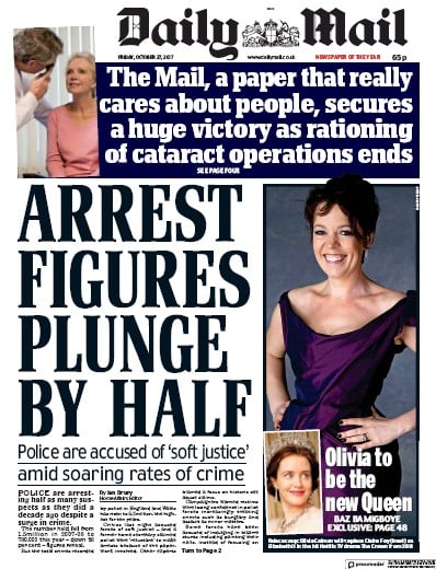 Daily Mail Newspaper Front Page (UK) for 27 October 2017