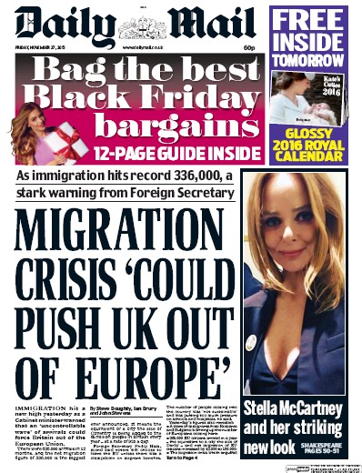 Daily Mail Newspaper Front Page (UK) for 27 November 2015