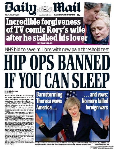 Daily Mail Newspaper Front Page (UK) for 27 January 2017