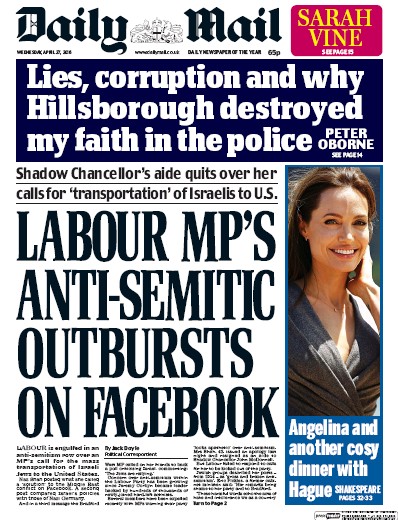 Daily Mail Newspaper Front Page (UK) for 27 April 2016