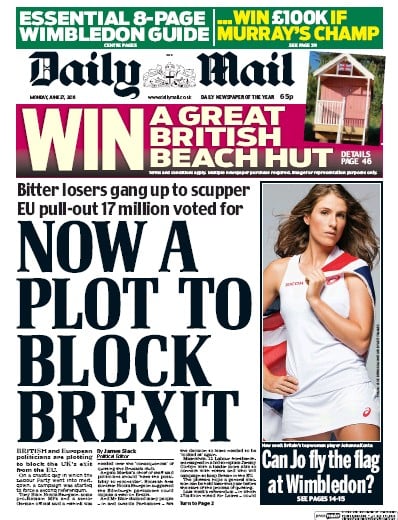 Daily Mail Newspaper Front Page (UK) for 27 June 2016