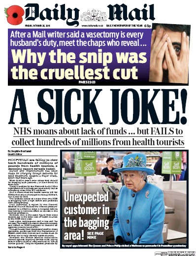 Daily Mail Newspaper Front Page (UK) for 28 October 2016
