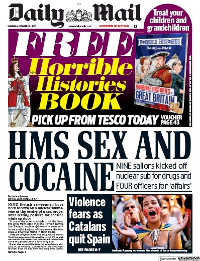 Daily Mail Newspaper Front Page (UK) for 28 October 2017