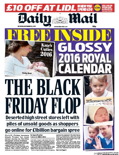 Daily Mail Newspaper Front Page (UK) for 28 November 2015