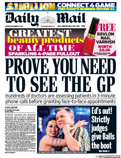 Daily Mail Newspaper Front Page (UK) for 28 November 2016