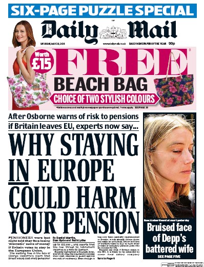 Daily Mail Newspaper Front Page (UK) for 28 May 2016