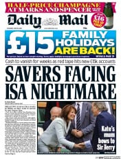 Daily Mail Newspaper Front Page (UK) for 28 June 2014