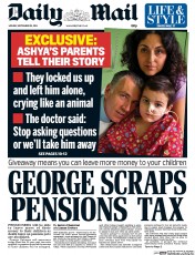 Daily Mail (UK) Newspaper Front Page for 29 September 2014