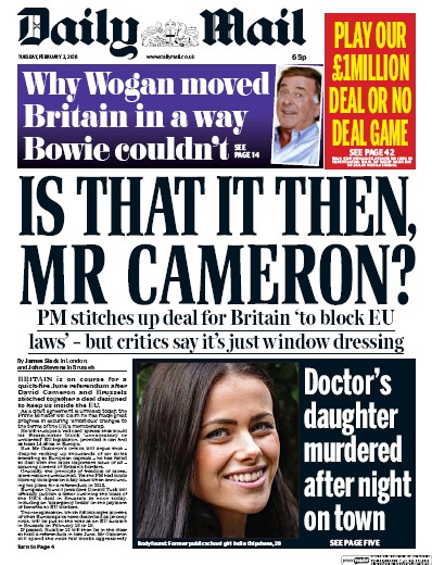 Daily Mail Newspaper Front Page (UK) for 2 February 2016