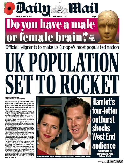 Daily Mail Newspaper Front Page (UK) for 30 October 2015