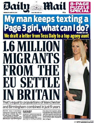 Daily Mail Newspaper Front Page (UK) for 30 March 2016