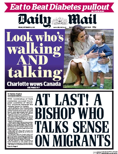 Daily Mail Newspaper Front Page (UK) for 30 September 2016