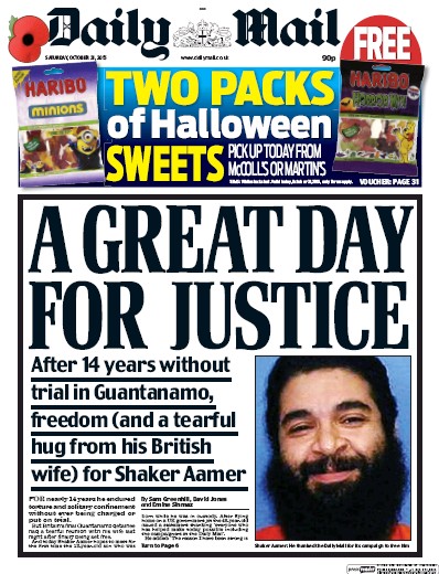 Daily Mail Newspaper Front Page (UK) for 31 October 2015