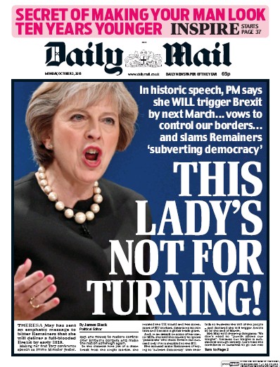 Daily Mail Newspaper Front Page (UK) for 3 October 2016