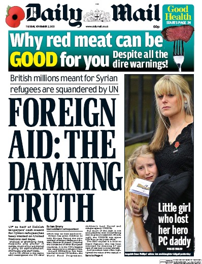 Daily Mail Newspaper Front Page (UK) for 3 November 2015