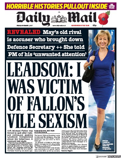 Daily Mail Newspaper Front Page (UK) for 3 November 2017