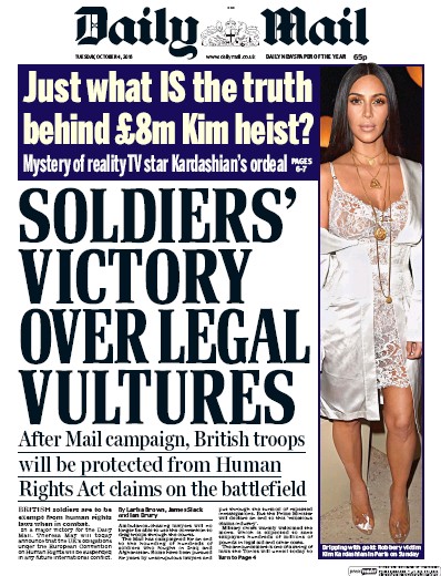 Daily Mail Newspaper Front Page (UK) for 4 October 2016