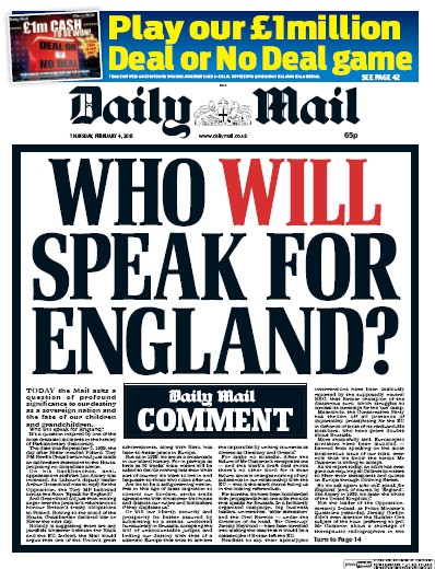 Daily Mail Newspaper Front Page (UK) for 4 February 2016