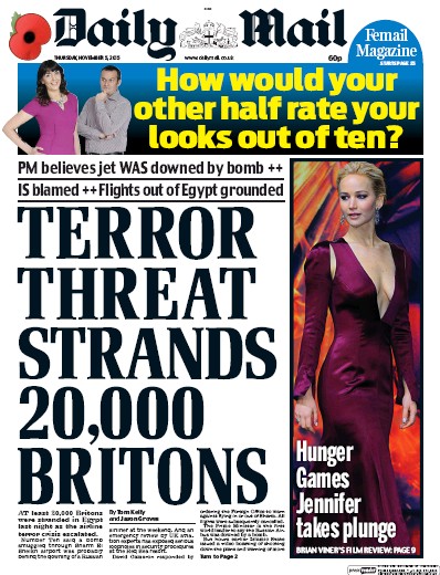 Daily Mail Newspaper Front Page (UK) for 5 November 2015