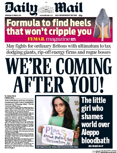 Daily Mail Newspaper Front Page (UK) for 6 October 2016