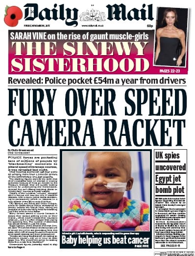 Daily Mail Newspaper Front Page (UK) for 6 November 2015