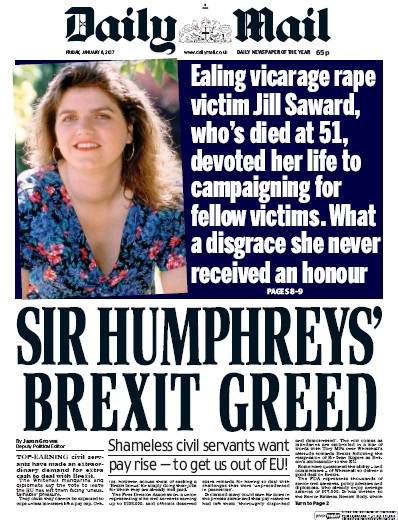 Daily Mail Newspaper Front Page (UK) for 6 January 2017