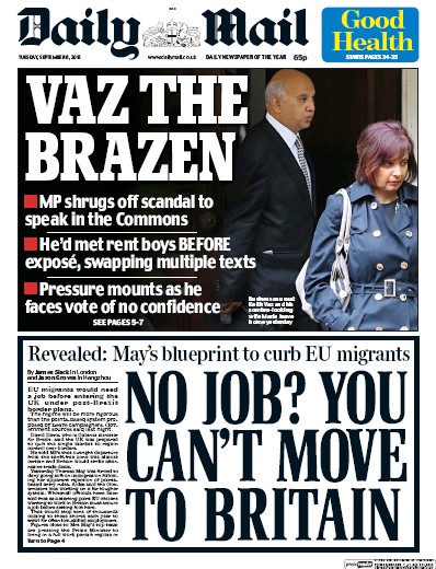 Daily Mail Newspaper Front Page (UK) for 6 September 2016