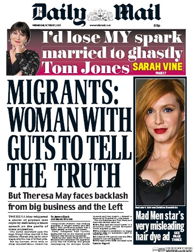 Daily Mail Newspaper Front Page (UK) for 7 October 2015