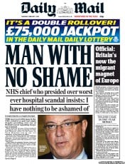 Daily Mail (UK) Newspaper Front Page for 7 February 2013