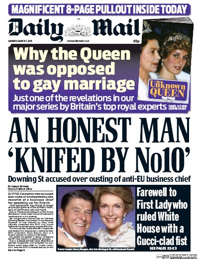 Daily Mail Newspaper Front Page (UK) for 7 March 2016