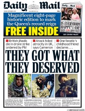 Daily Mail Newspaper Front Page (UK) for 8 September 2015