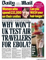 Daily Mail (UK) Newspaper Front Page for 9 October 2014