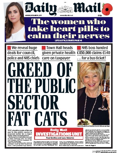 Daily Mail Newspaper Front Page (UK) for 9 November 2015