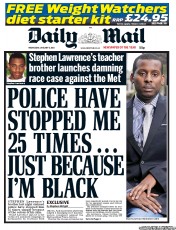 Daily Mail (UK) Newspaper Front Page for 9 January 2013