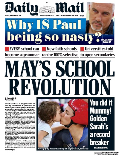 Daily Mail Newspaper Front Page (UK) for 9 September 2016