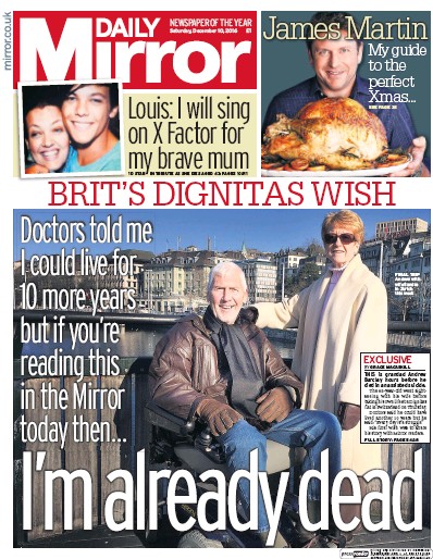 Daily Mirror Newspaper Front Page (UK) for 10 December 2016