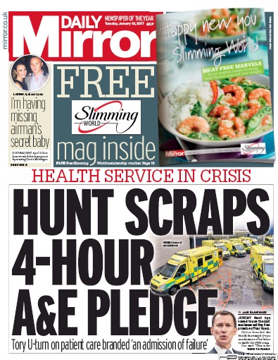 Daily Mirror Newspaper Front Page (UK) for 10 January 2017