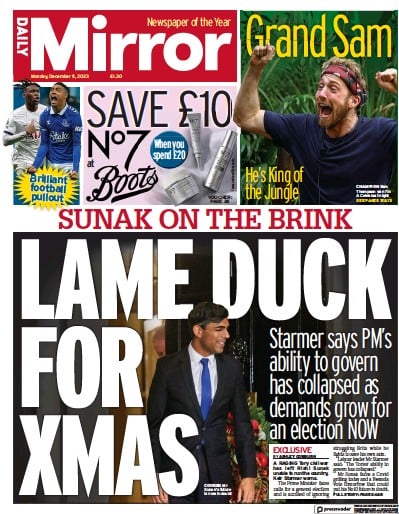Daily Mirror Newspaper Front Page (UK) for 11 December 2023