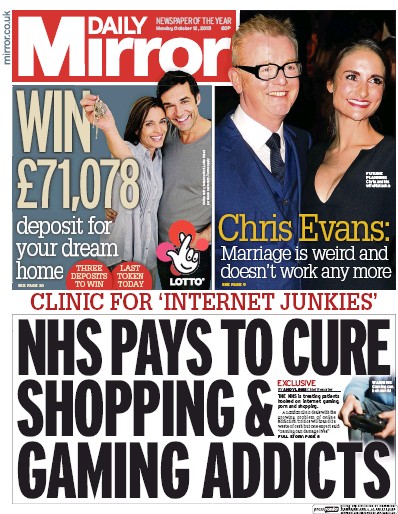 Daily Mirror Newspaper Front Page (UK) for 12 October 2015