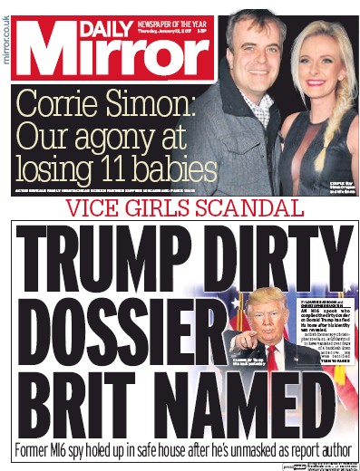Daily Mirror Newspaper Front Page (UK) for 12 January 2017