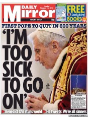 Daily Mirror Newspaper Front Page (UK) for 12 February 2013