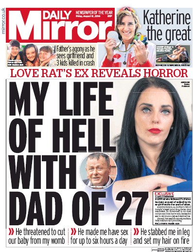 Daily Mirror Newspaper Front Page (UK) for 12 August 2016