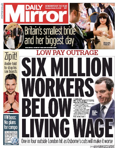 Daily Mirror Newspaper Front Page (UK) for 13 October 2015